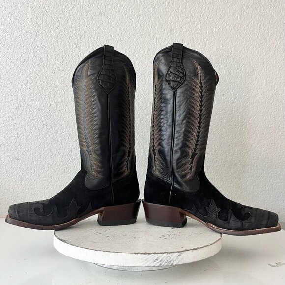NEW Rod Patrick  Womens Cowboy Boots 7.5E Black Caiman Suede Western Blunt Toe - Picture 8 of 13